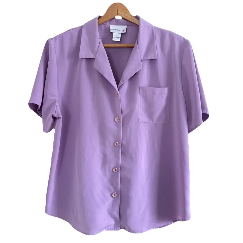 Vintage Susan Graver Style Lavender Short Sleeve Button Down Shirt Size XL
